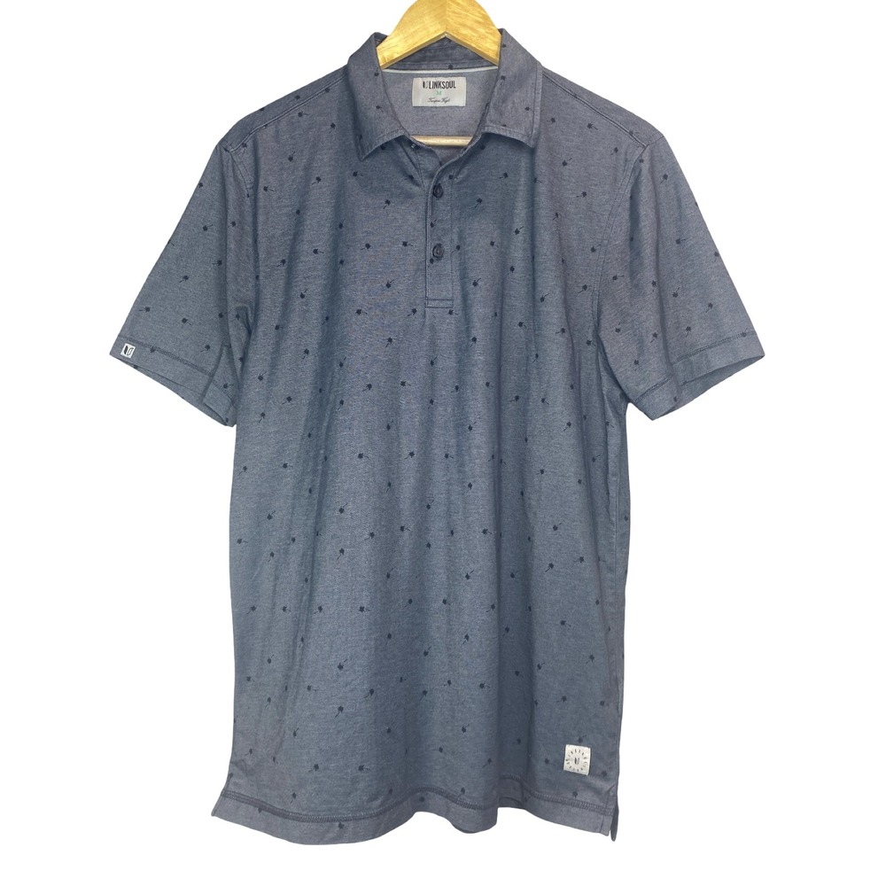 Linksoul Mens Gray Palm Tree Print Pima Cotton Blend Golf Polo Shirt LS1383P M